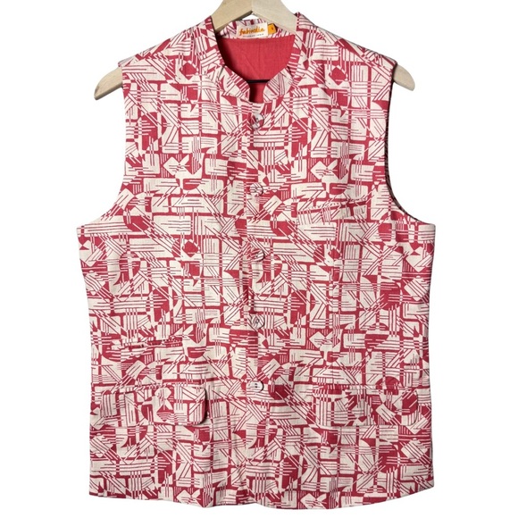 Fabindia Abstract Print Cotton Waistcoat Nehru Button Up Vest Salmon Pink Cream - Picture 1 of 12